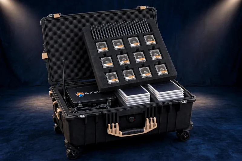 FireCurtains exterior wildfire defense kit with receiving control unit, wireless sending nodes and solar panels